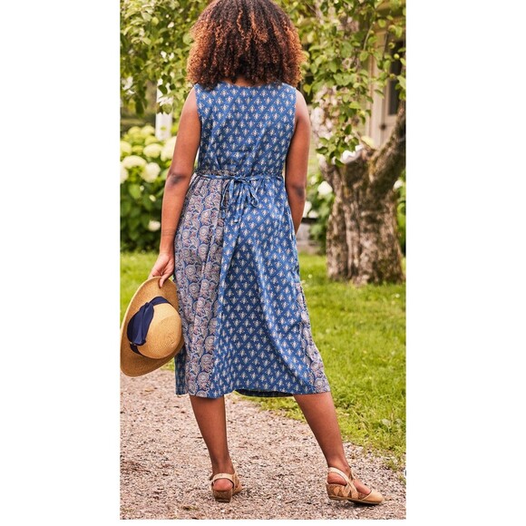 April Cornell Handblock Dress Navy Floral Patchwork Midi Pockets Medium Cottage - Picture 3 of 14